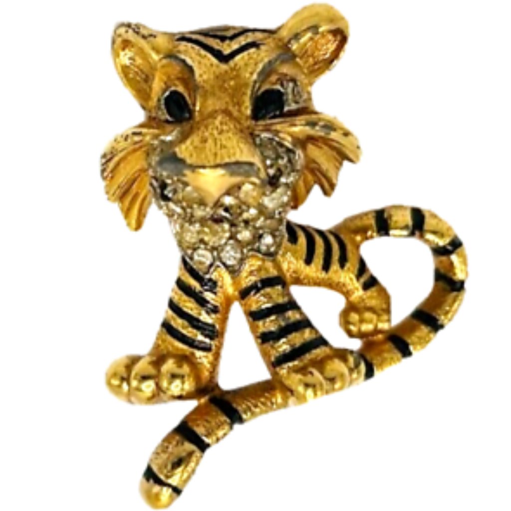 Vintage 1950s Signed Jomaz Gold Tone Rhinestone Figural Tiger Lion Brooch Pin